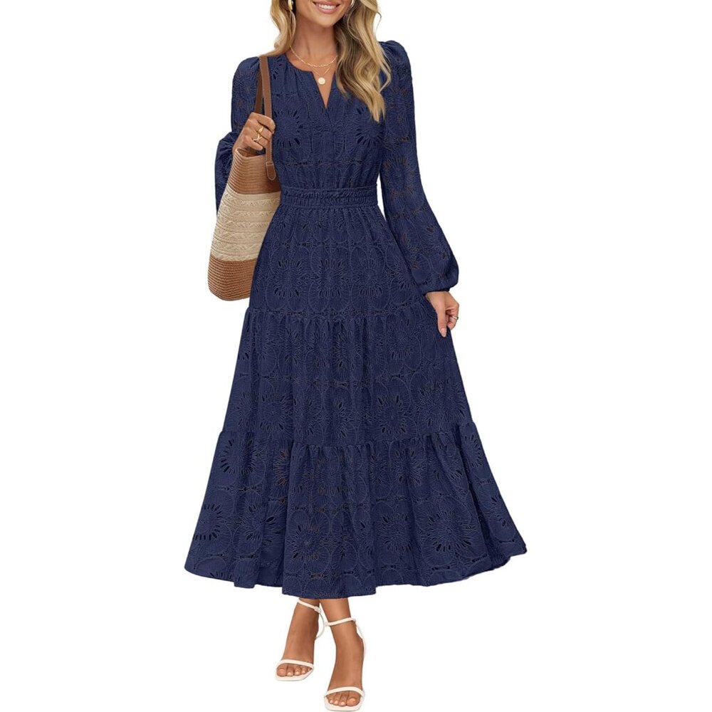 Elegant Navy Long Sleeve Floral Dress - Perfect For Weddings & Special Occasions